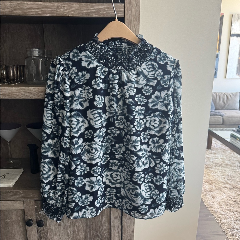 J. Crew Navy Floral Smocked Neck Long Sleeve Blouse NWOT